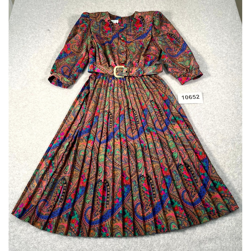 VTG Lady Carol of New York Fit & Flare Dress Womens 6 Multicolor Paisley Belted